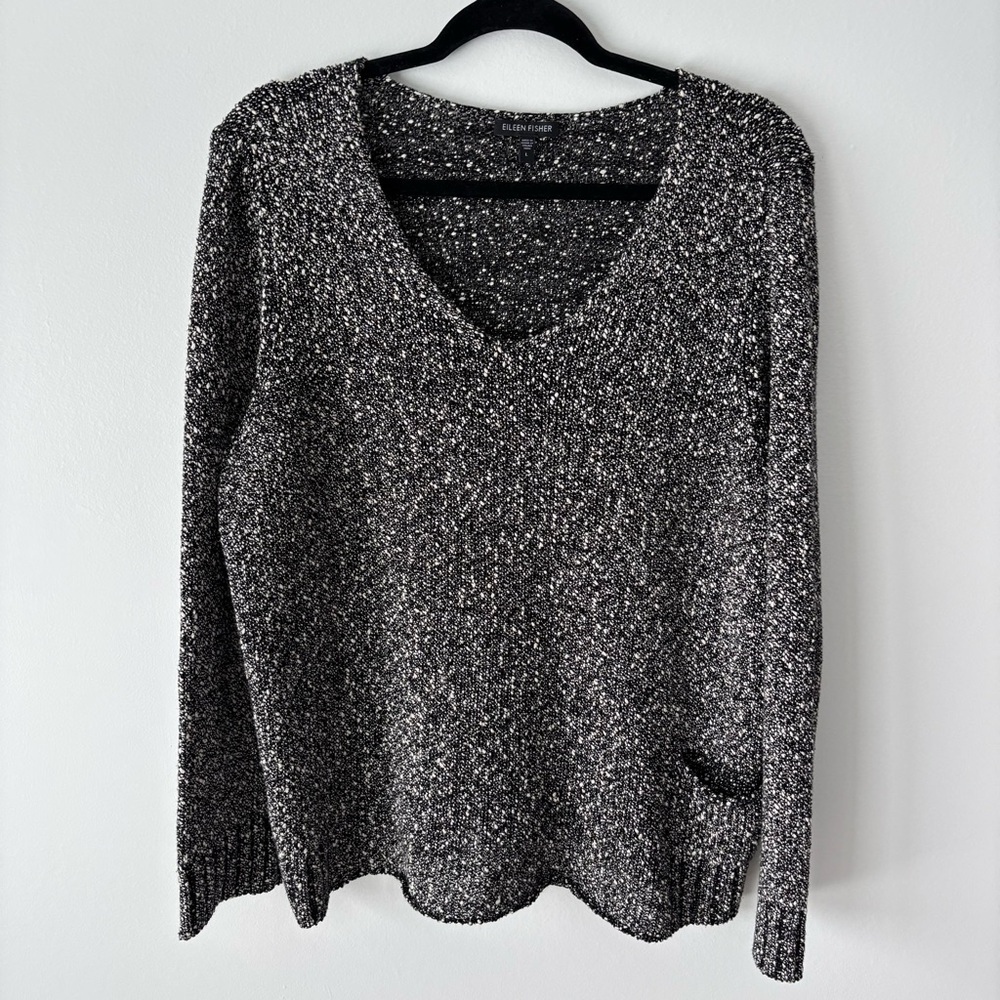 Eileen Fisher Black White Marled Speckled Popcorn Knit V Neck Cotton Sweater